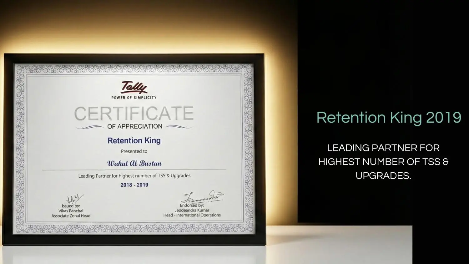 Tally Retention King 2019 certificate of appreciation for highest number of TSS and upgrades