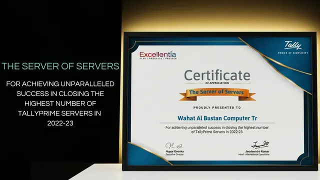 Tally Excellentia The Server of Servers certificate for closing the highest number of TallyPrime Servers in 2022-23