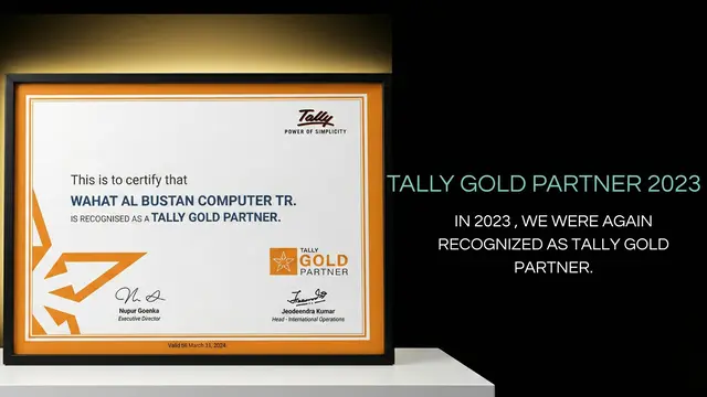 Tally Gold Partner certificate 2023 for Wahat Al Bustan Computer Tr.